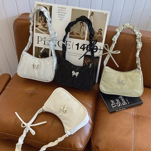 Women PU Leather Underarm Shoulder Bag With Metal Butterfly Buckle Pleated Strap Bow Decor Fashion Small Square Bag