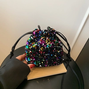 Shiny Sequin Drawstring Bucket Bag For Women Fashion Trendy PU Leather Mini Crossbody Shoulder Bag For Party Dating Daily Use