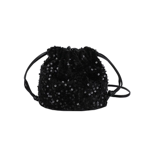 Fashionable black sequin drawstring bucket bag for women with shiny metallic reflection