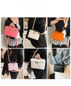 Detailed views of multi-color crossbody lunchbox-style bags showing various styling options