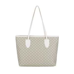 Off-white printed tote bag with grey M-pattern and long shoulder straps on white background
