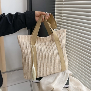 Mode Femmes Paille Tissé Sac Cabas Grande Capacité Sac à Épaule Décontracté Avec Gland Décor Été Plage Vacances Voyage Sac à Main