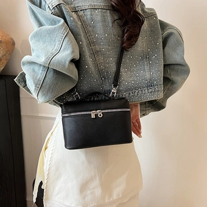 Chic black pebbled leather crossbody box bag with silver zippers shown on model