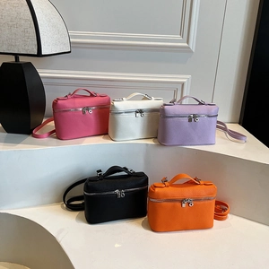 Litchi texture leather vanity bag in five colors with top handle and shoulder strap