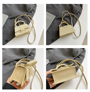 Multi-angle view of a beige woven mini crossbody bag showing weave texture and handle
