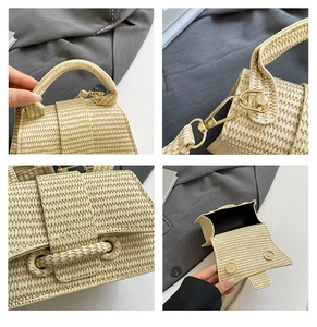 Detailed views of beige straw handbag showing woven texture, gold metal D-rings, and magnetic flap