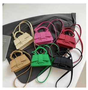 Detailed collection of mini woven hourglass bags in six colors with detachable straps