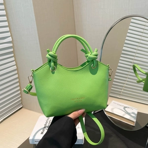 Women Fashion PU Leather Litchi Texture Bucket Crossbody Bag Trendy Knot Handle Handbag Gold Hardware Commuter Tote Bag