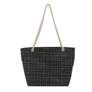 Grand sac fourre-tout en toile à motif pied-de-poule avec anses en corde tressée