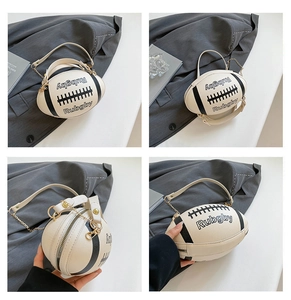 Detailed four-way view of off-white rugby shaped crossbody bag with gold chain strap