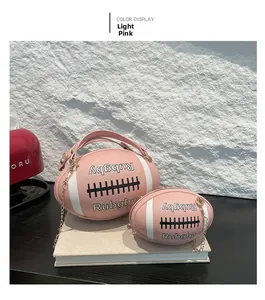 Unique light pink rugby shaped crossbody bag with matching mini coin purse and chain strap