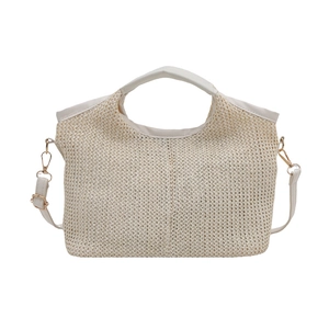 Contrast woven bucket bag in cream with faux leather handle and adjustable shoulder strap