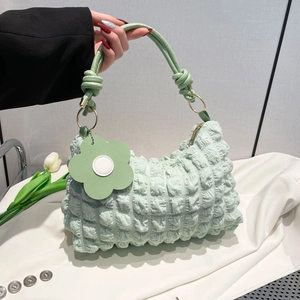 Women's Bubble Texture Shoulder Bag With Flower Pendant Sweet Summer Casual Underarm Bag PU Fabric Tote For Daily Dating