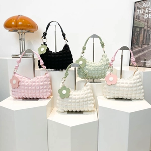Chic ruched waffle texture shoulder bags with knot handle and floral charms in pastel colors