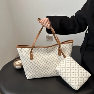 Vintage patterned large tote bag set with matching pouch and brown leather handles