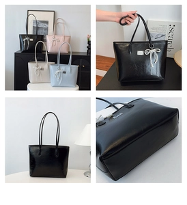 Détails de sacs cabas en similicuir brillant en quatre couleurs avec breloques perles