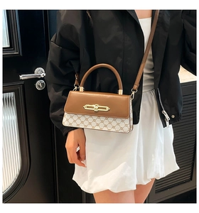 Detail of vintage tote bag with classic monogram pattern and golden metal buckle