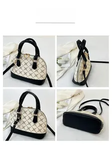 Detailed multi-angle views of a retro shell crossbody bag with brown checked pattern