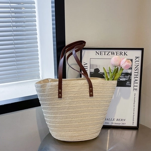 Women Summer Straw Woven Tote Bag Large Capacity Casual Beach Vacation Shoulder Bag With Bow Lace Decor Fashion Handbag