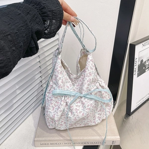 Women Floral Print Bucket Bag Nylon Fabric Korean Style Drawstring Handbag Sweet Lace Trim Crossbody Shoulder Bag