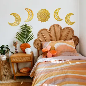 Gold Spiegel Mondphasen Wandtattoo Mit Sternen Mandala Sonne Hohl Bronzierung PVC Wandaufkleber Für Wohnzimmer Schlafzimmer Deko