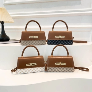 Women Retro Small Square Crossbody Bag PU Leather Monogram Print Handbag Top Handle Golden Lock Elegant Chic