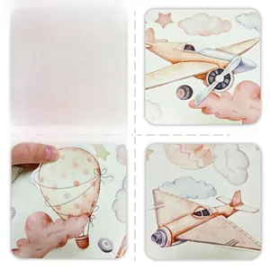 Detailed macro view of watercolor airplane and hot air balloon wall stickers texture