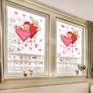 Detailed view of cartoon bear and heart electrostatic window stickers for home decor