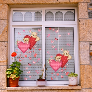 Cartoon bear holding heart static window cling decals for Valentine's home decoration