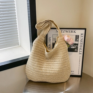 Women Straw Woven Tote Bag Large Capacity Handmade Crochet Shoulder Bag Solid Color Hollow Out Beach Handbag Summer Style
