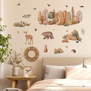 Cartoon Forest Animal Wall Stickers PVC Self-Adhesive Deer Bear Fox Tree Wall Decals For Kids Bedroom Nursery Home Decor