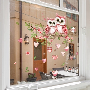 Cartoon pink owls on cherry blossom branch static window cling for Valentine decor