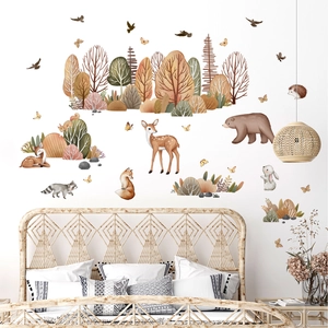 Watercolor forest wall sticker featuring trees, bears and foxes for bedroom wall decor