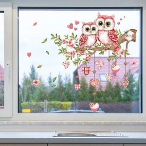 Pink owl static window clings with cherry blossoms and love hearts for home glass decor
