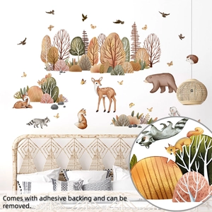 Detailed view of forest animal wall stickers showing watercolor texture and adhesive backing