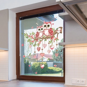 Detail of pink owls and hanging hearts static window stickers for romantic home decor