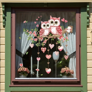 Romantic window stickers featuring pink owls on flower branches with hearts for home decor