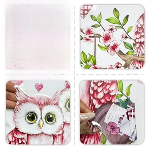 Detail of double-sided watercolor owl and cherry blossom static window stickers