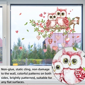 Detail of pink owl static window sticker with love heart and double-sided color printing