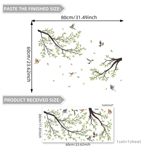 Film statique pour vitres avec motifs d'oiseaux colorés et branches de feuilles vertes
