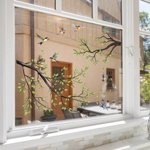 Stickers de fenêtre électrostatiques avec branches vertes et oiseaux colorés décoratifs