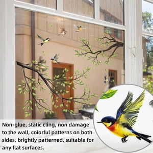Stickers électrostatiques de fenêtre avec oiseaux et branches vertes pour décoration maison