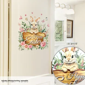 Vinilo decorativo de conejo de Pascua en acuarela con letrero de madera y flores