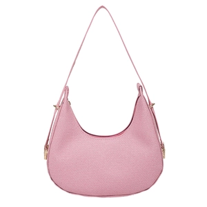 Pink crescent shoulder bag with textured fabric finish and golden hardware detail