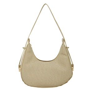 Chic beige hobo shoulder bag with textured fabric and golden hardware in minimalist style