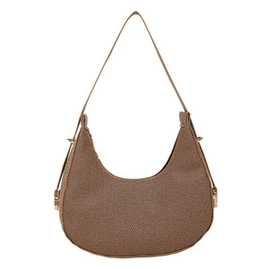 Retro brown woven crescent shoulder bag with sleek leather strap and gold hardware