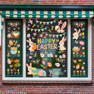 Adesivi per finestre pasquali con coniglietti colorati fiori e testo Happy Easter