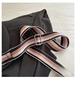 Close-up of adjustable striped fabric shoulder strap with silver metal buckles and woven leather trim