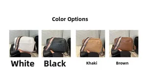 Detail view of woven crossbody bags in white, black, khaki, and brown with striped straps