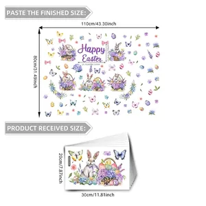 Adesivi per vetri pasquali con conigli e fiori, decorazione statica acquerello 110x80cm